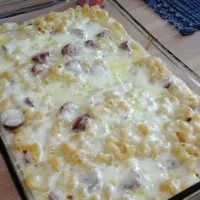 Snapdishの料理写真:Bell's Oberon beer mac and cheese with cheddar brats|Lori Beardさん