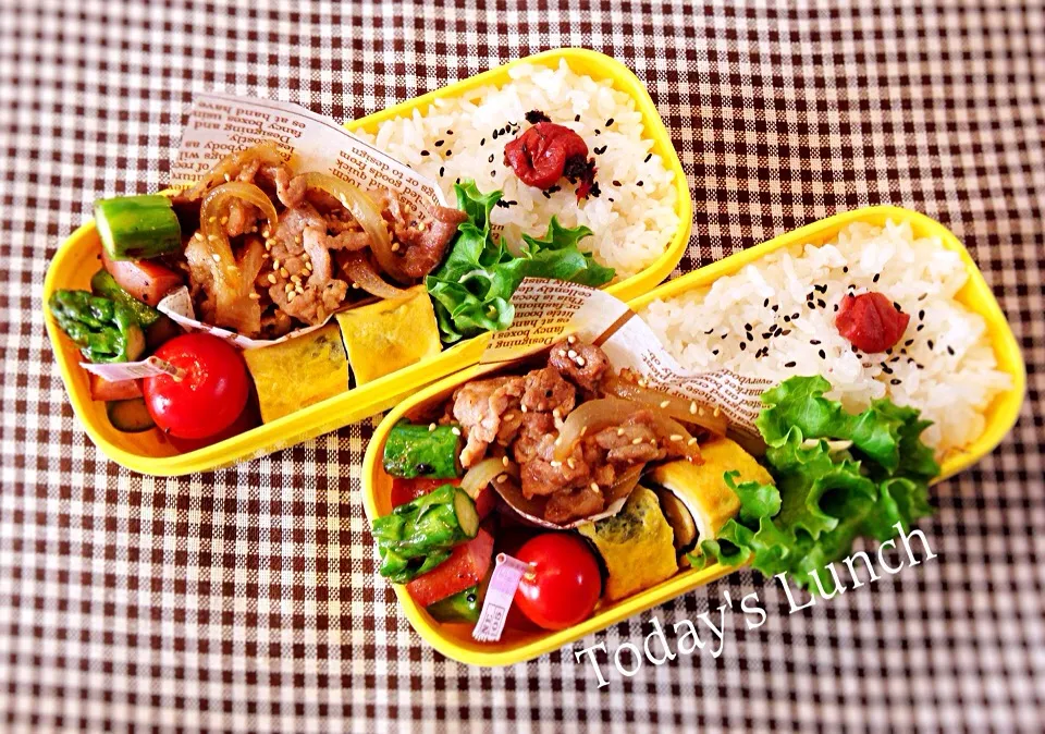 〜今日のお弁当〜豚焼き肉。アスパラソーセージソテー。海苔玉子焼き。|Brendaさん