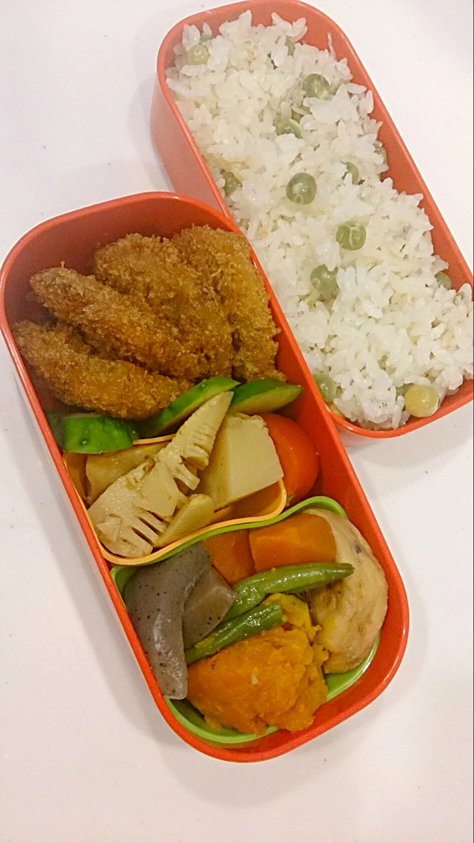 Snapdishの料理写真:今日のお弁当

ヒレカツ・タケノコ土佐煮・高野豆腐炊き合わせ・豆ご飯(じゃこ入り)|ゆかさん