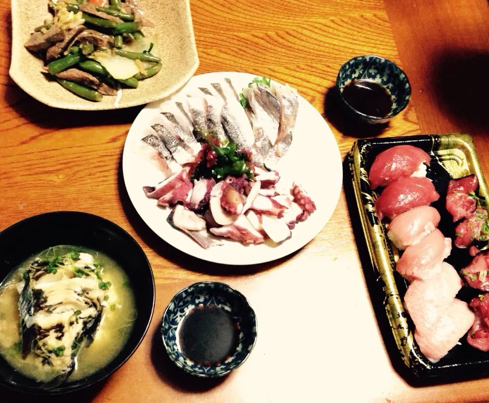 Sakana Jiru, Beef n String Beans stir fry, Sashimi, Otoro, Chutoro, Hon Maguro|Seagrapesさん