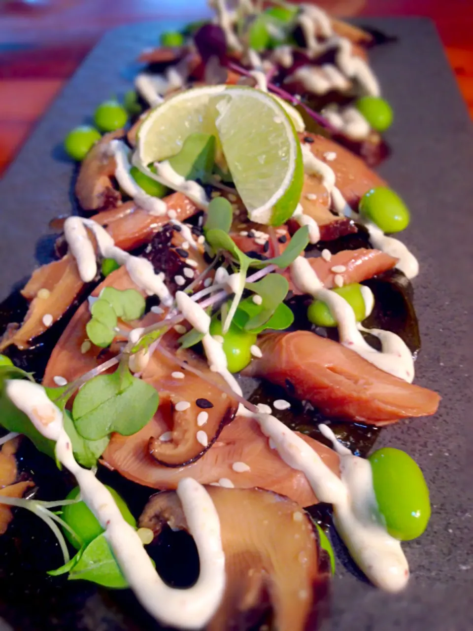 Snapdishの料理写真:Braised Octopus Tentacle, miso shiitake, wakame, edamame, ginger lime aioli|Michael Jonesさん