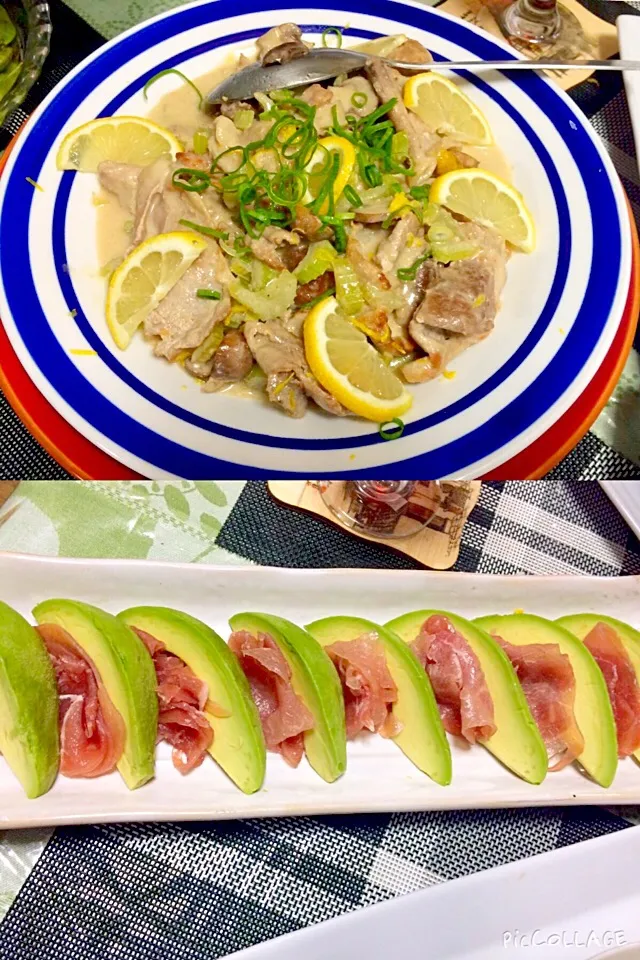 Dinner -pork mushroom , lemon and celery casserole (aka pork cream mushroom lemon and celery ) own recipe avocado and fresh ham salad main dish for tonight 😋 le|Babyluv Cabrera Ocampoさん