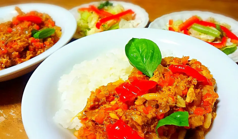 オイシックスメニュー💚焼きサバのドライカレーと三色野菜のりんごドレッシング和え💕|きゅうちゃんさん