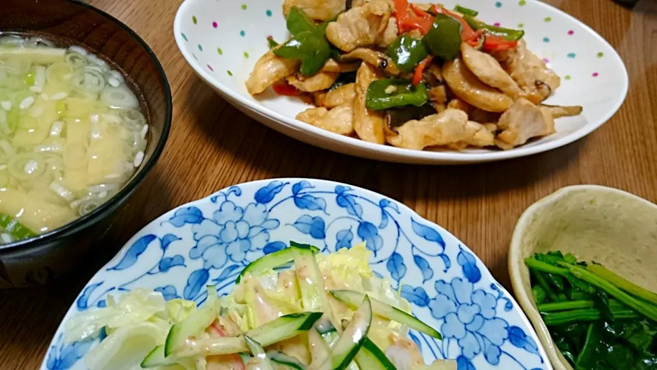 ・鶏ムネ肉と野菜のオイスターソース炒め
・ほうれん草のソテー
・サラダ
・葱たっぷり味噌汁|ようかんさん