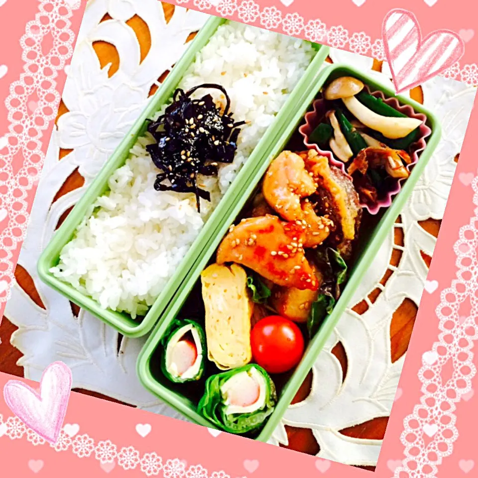 5/13今日のお弁当♡ささみの照り焼き・ピーマンとしめじの梅おかか和え・卵焼き、レタスのカニかまチーズ巻き(*^^*)|ばろんさん