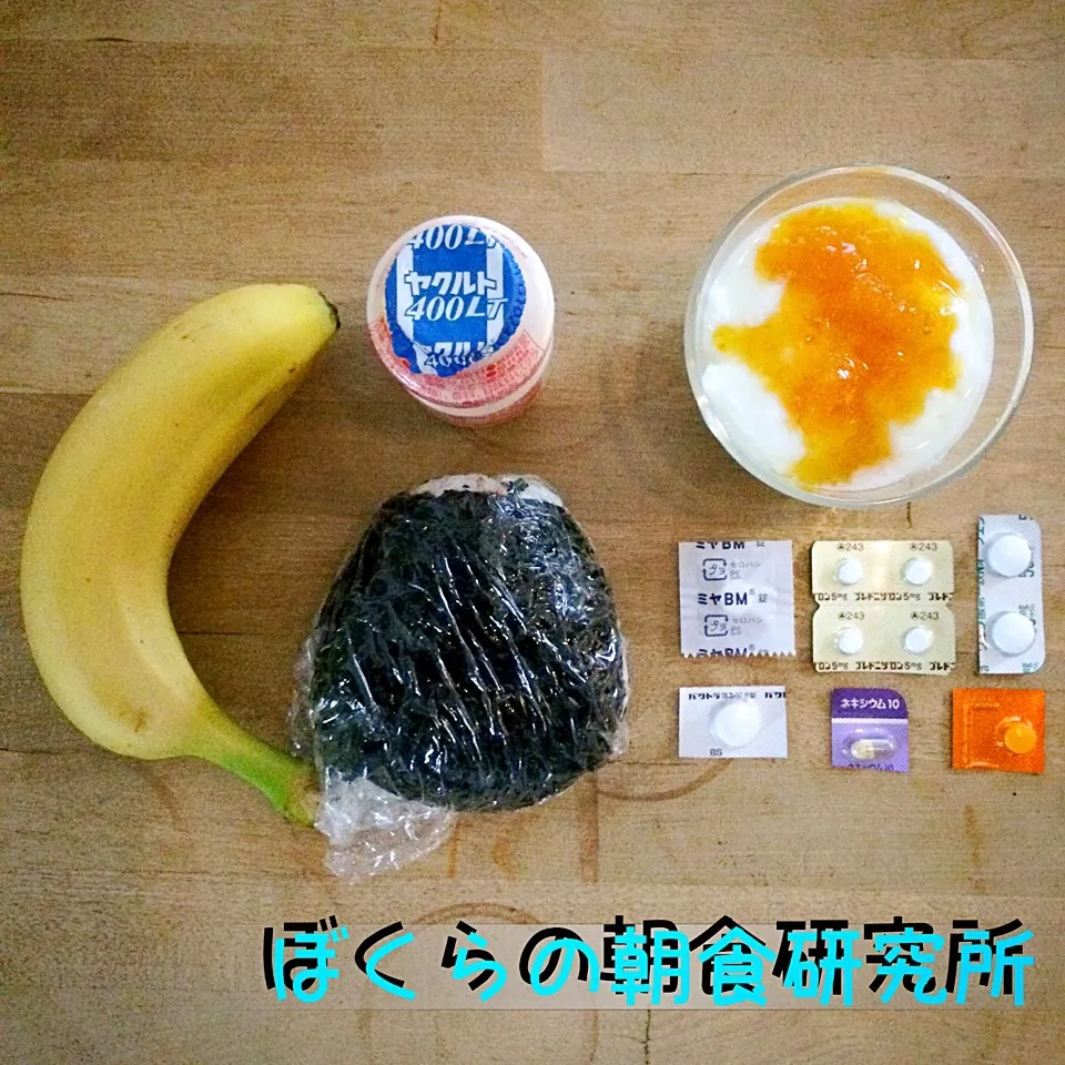 Snapdishの料理写真:ぼくらの朝食研究所。
おはようございます！
今日は出張につき朝食はこちらに…。 本日、妻の作ったおむすび、ヨーグルト、バナナ、ヤクルトさん、そして…お薬さん。
今日からバタバタと出張です！大きなイベント前に出張を入れてしまった僕。
考えても始まらないので…諦めて目の前の仕事に集中します！今日も丁寧に移動と仕事します！|食キングさん