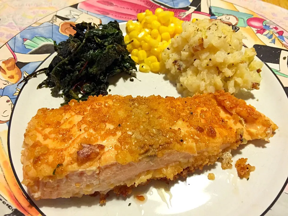 Dinner
Panko crusted Wild Salmon
Celery root and sautéed leek mash
Super green sautée
Sweet corn|Cheryl Melnickさん