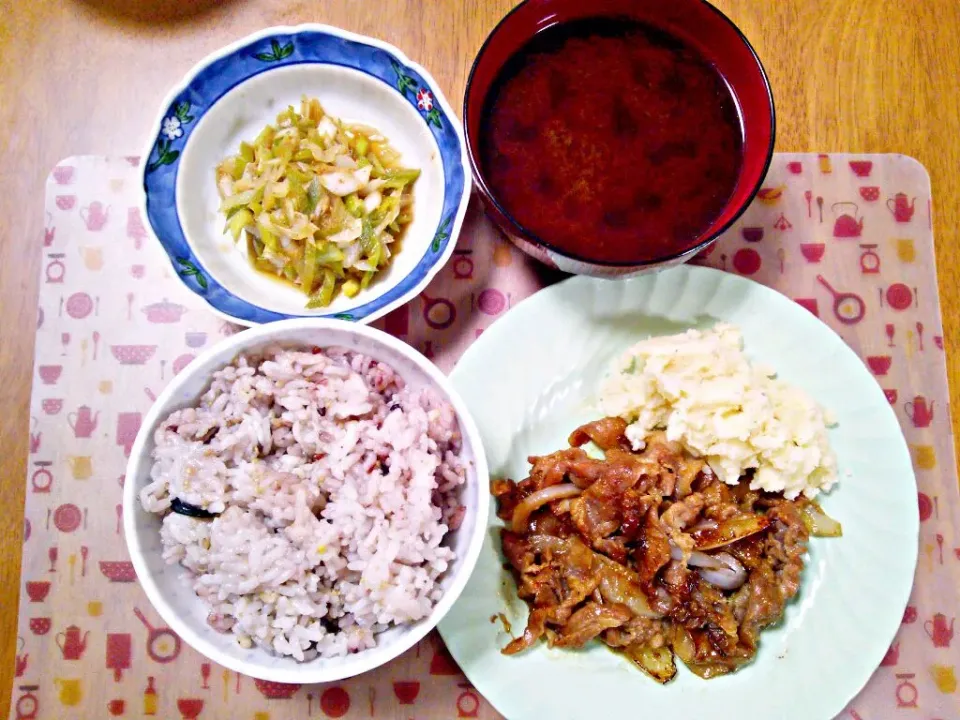 ５月１１日 豚のしょうが焼き ポテトサラダ ネギサラダ お味噌汁|いもこ。さん