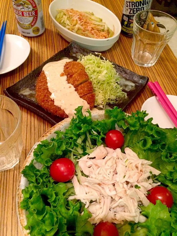 ＊晩ごはん＊ 棒棒鶏サラダ 焼きなす マグロメンチカツ|pinoyamaさん