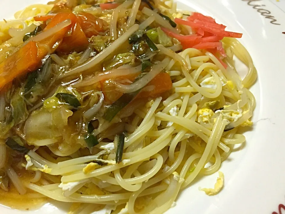 Snapdishの料理写真:卵麺の中華あんかけパスタ|shenhuaさん