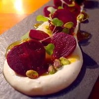 Snapdishの料理写真:Smoked baby beets, whipped goats cheese, pistachios & salted orange marmalade!|Michael Jonesさん