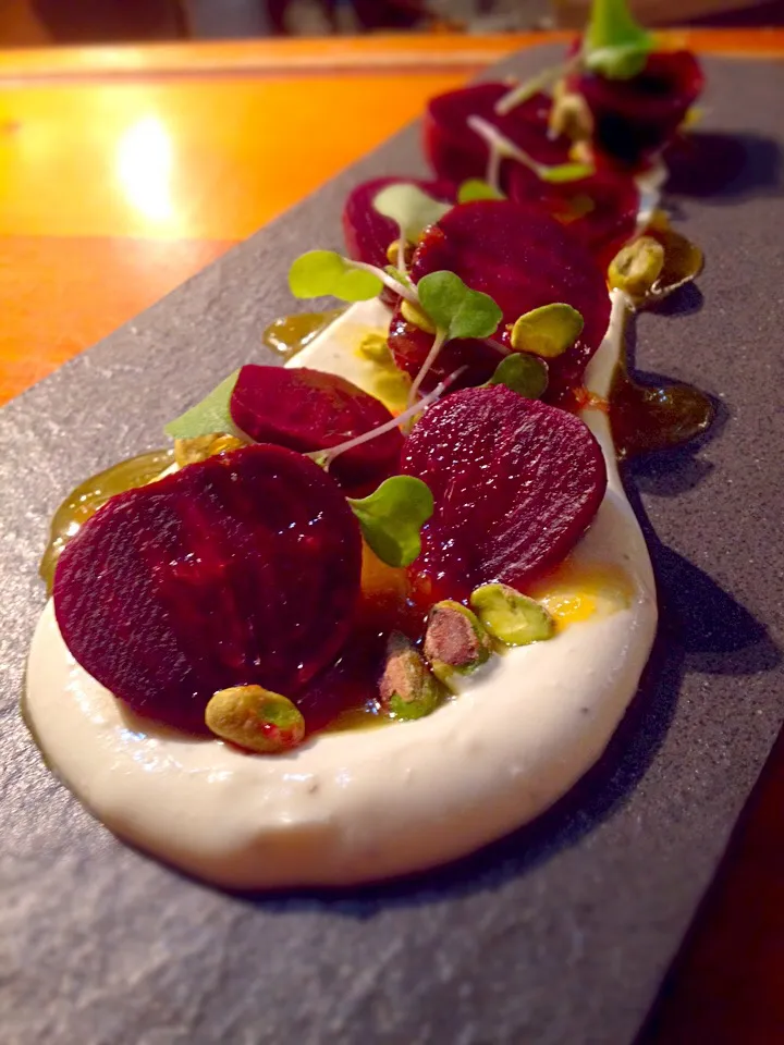 Snapdishの料理写真:Smoked baby beets, whipped goats cheese, pistachios & salted orange marmalade!|Michael Jonesさん