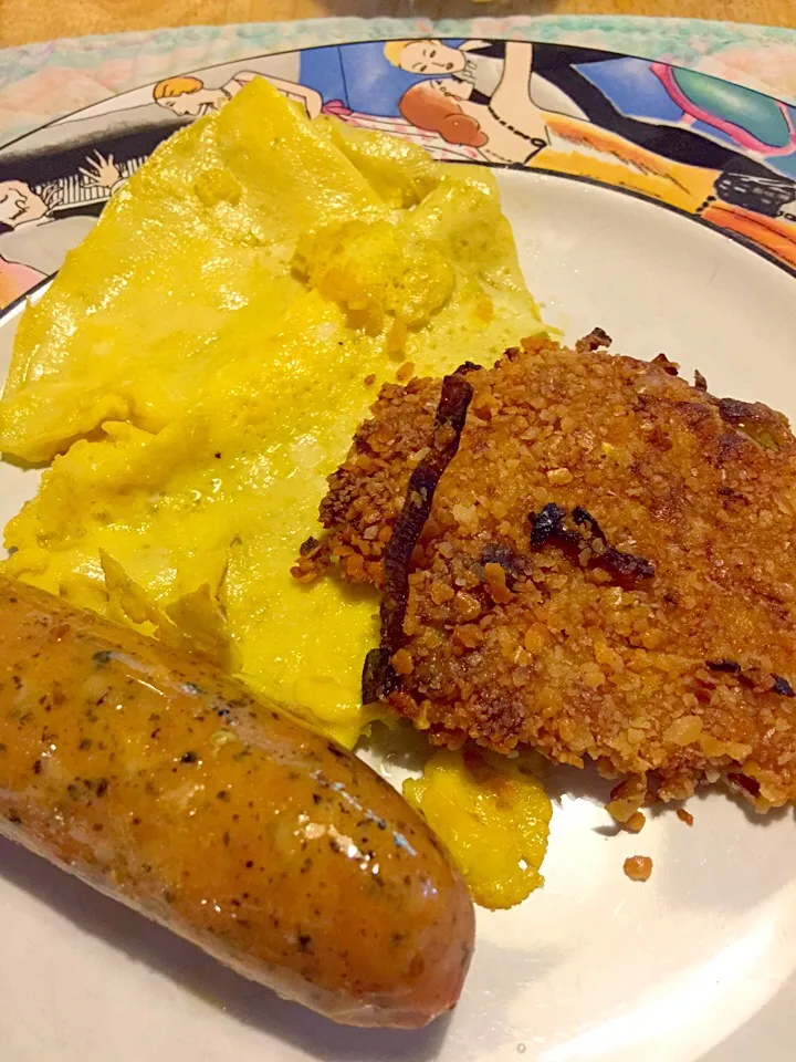 Breakfast: Egg with Nutritional Yeast, Kohlrabi Fritter, Chicken Sausage|Cheryl Melnickさん