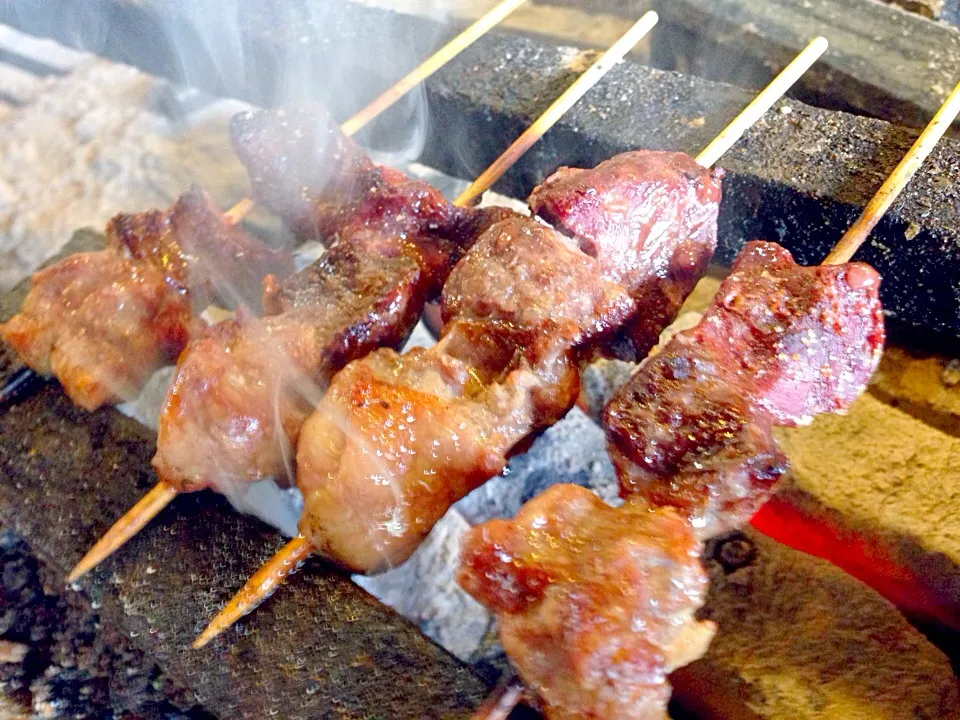 亀戸 ジビエ ミックス串炭焼き 上から鴨 蝦夷鹿 馬|亀戸 養生蕎麦 高のさん