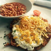 Potato Rosti, egg, cheese and baked beans