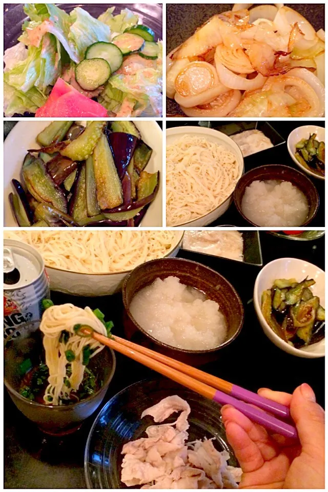 Snapdishの料理写真:Today's Dinner🍴ｻﾗﾀﾞ･新玉ねぎ炒め･焼き茄子･とろろ･大根おろし･豚しゃぶ･素麺|🌈Ami🍻さん