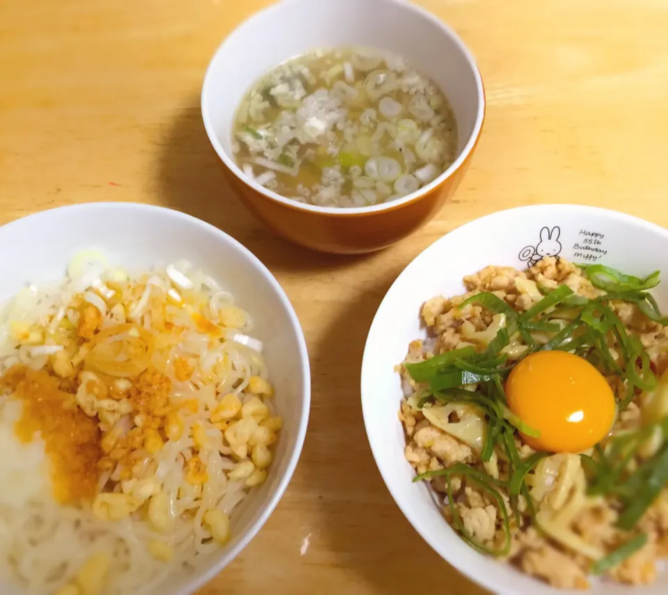 (*´ω｀*) 晩ご飯  鶏そぼろNaoちゃんミニ丼、ぶっかけおろし稲庭うどん、大根の菜っ葉のスープ ♪|Gigi Cafeさん