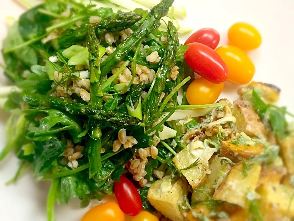 Herb roasted potato salad & farro and arugula salad with grilled asparagus and Meyer lemon vinaigrette|Ruby1228さん