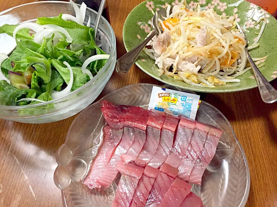 ソルトリーフと茄子と新玉葱のサラダ・豚肉ともやしの梅和え・千葉県産鰹|Tarou  Masayukiさん