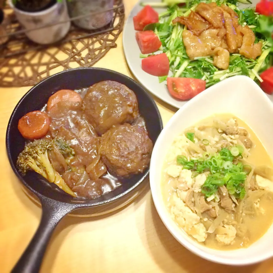 肉肉肉、煮込みハンバーグ、モツ煮、生姜焼きのっけサラダ|あさこさん