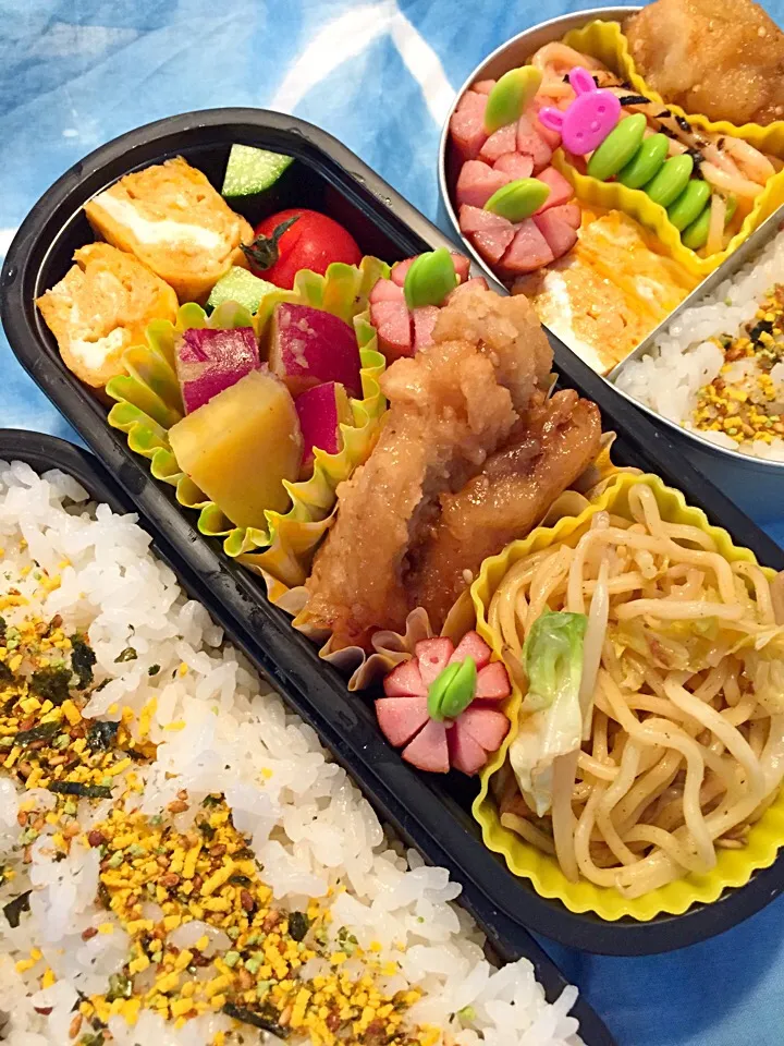 鯵の竜田揚げ弁当！ 塩焼きそば さつまいも甘煮 卵焼き ウィンナー プチトマトキュウリ|asamisaraさん