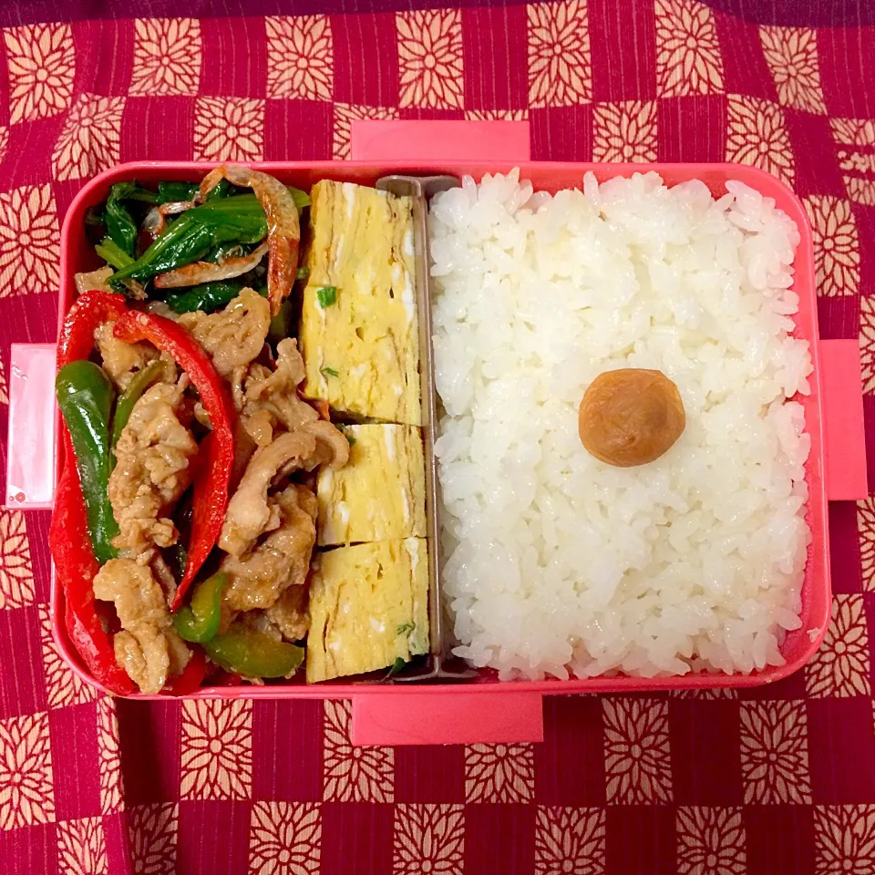 豚肉ピーマン細切り炒め、お葱の卵焼き、ほうれん草と桜海老の和え物。|しーさん