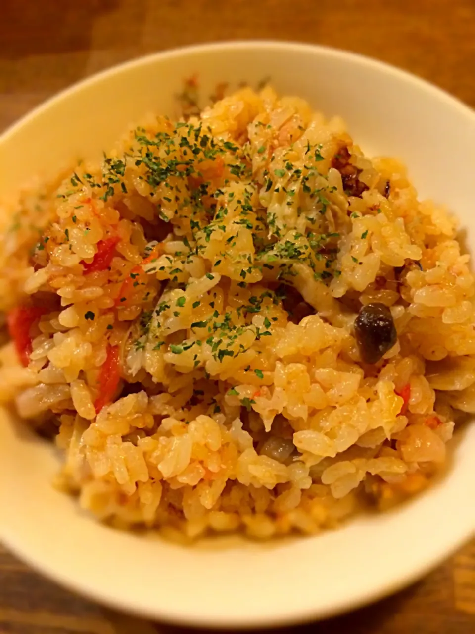 トマトとツナと鶏肉とキノコの炊き込み御飯〜〜美味しかったー（≧∇≦）|たかこママさん