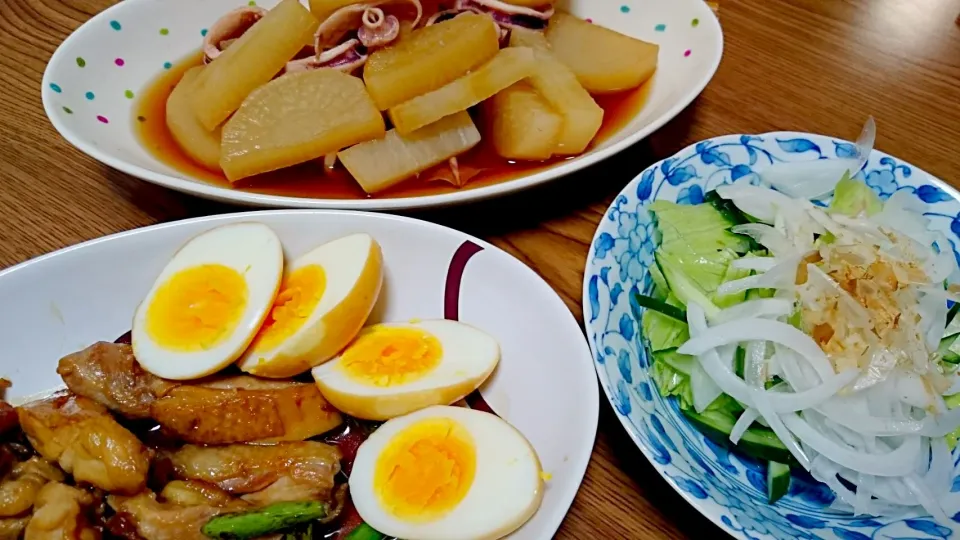 ・イカ大根
・かしわの甘酢炊き（卵といんげん豆）
・新タマネギのサラダ|ようかんさん