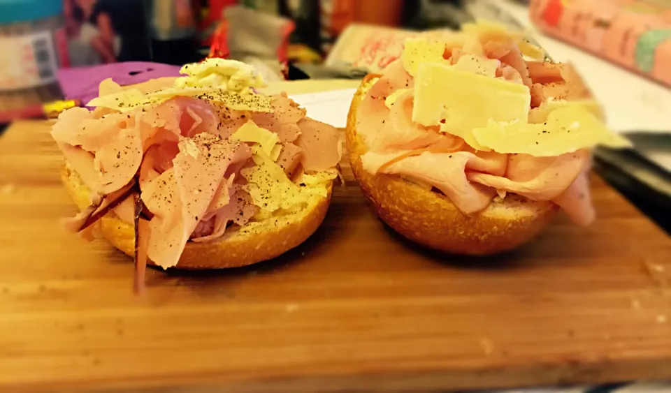 Kaiser Rolls with Shaved Black Forest Ham. Topped with some  Parmesan cheese and a dollop of herbed Boursin cheese|angieさん