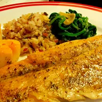 Snapdishの料理写真:Pan seared rainbow trout sea scallops wild grain rice and sauté spinach leafs and garlic chips!|albettさん