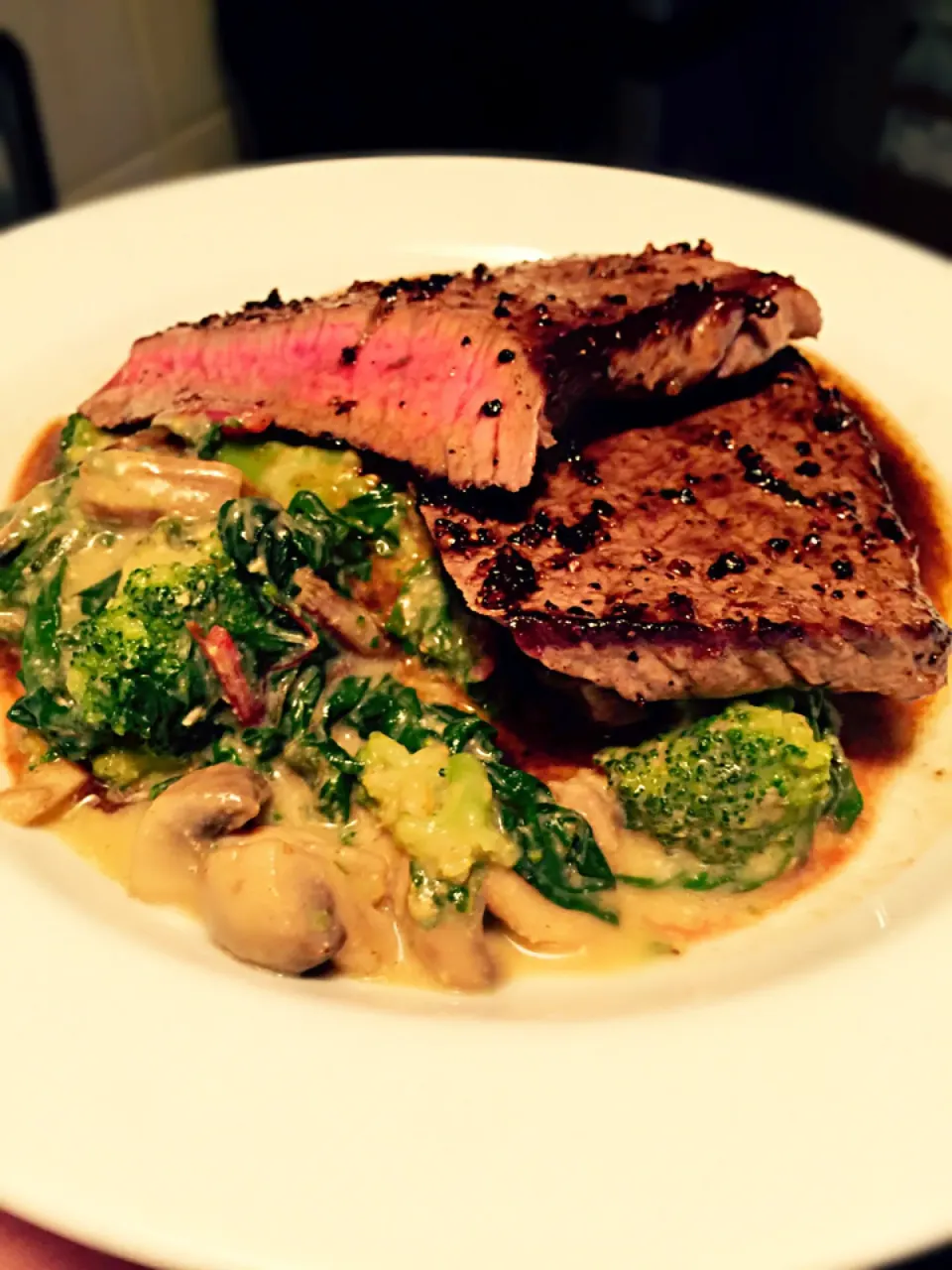 Snapdishの料理写真:Pan Seared Steak w/Swiss Chard, Broccoli n mushrooms|Chef Ampさん