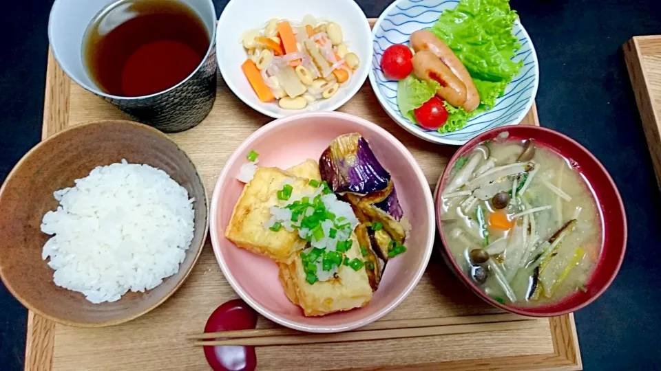 お山のドレッシングで豆腐&茄子のたたき、大豆の煮物|けむまきさん