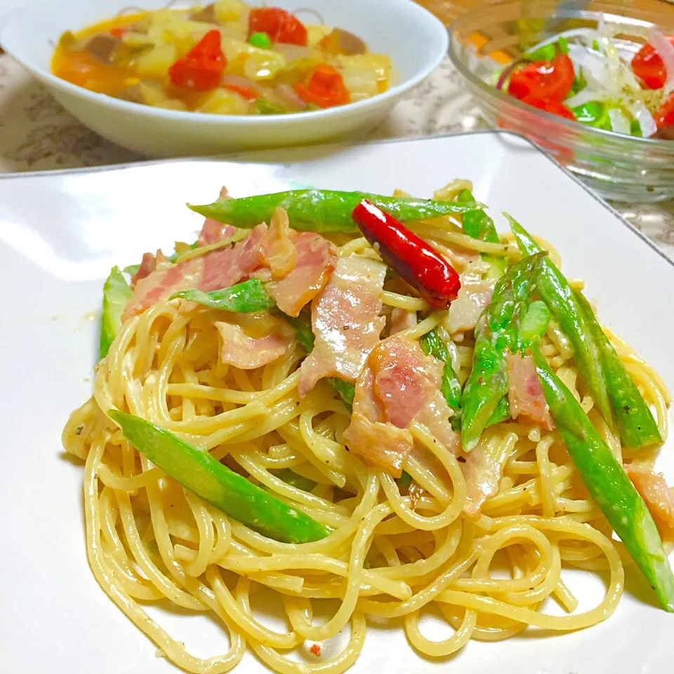 アスパラとベーコンのマヨ醤油スパゲティー|カウンター嬢さん