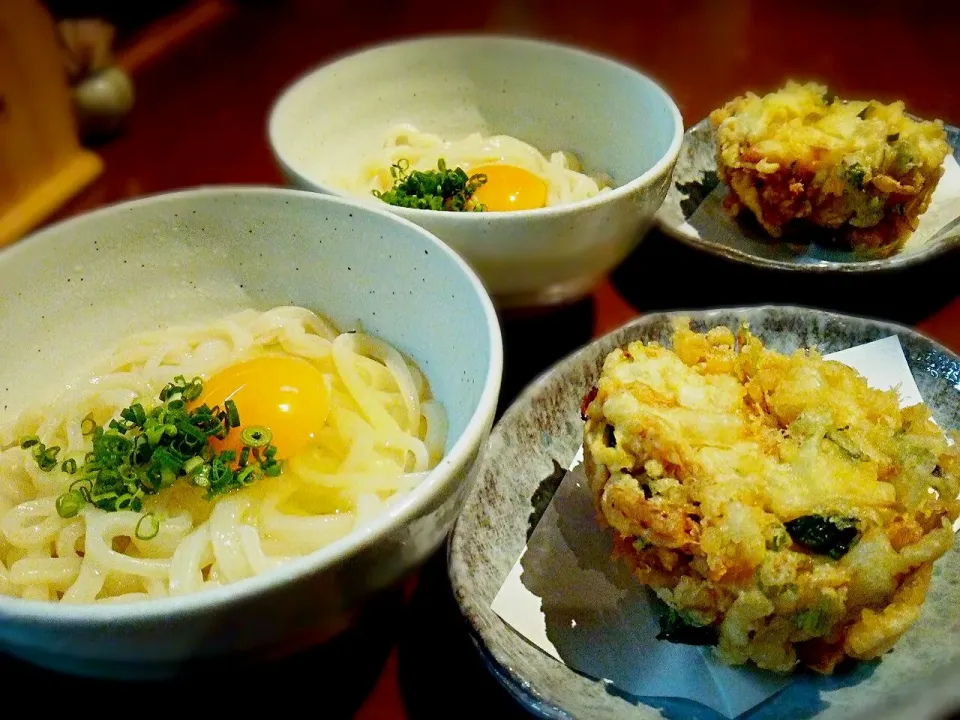 釜玉うどん＆かき揚げ|いちどぅしさん