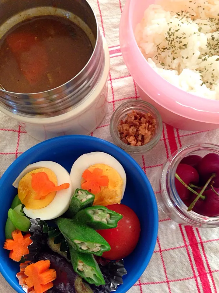 チキンカレー  トッピング(ゆで卵 おくら  トマト スナップえんどう 揚げなす  フライドオニオン) アメリカンチェリー|ゆりりんさん