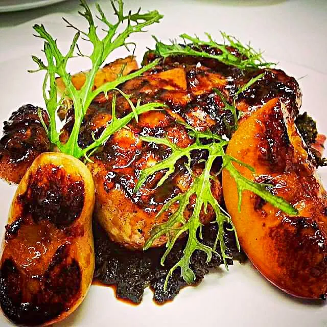 grilled Cornish game hen ,grilled new jersey pears , braised Tuscan kale , balsamic glaze|CHUENCHAIさん