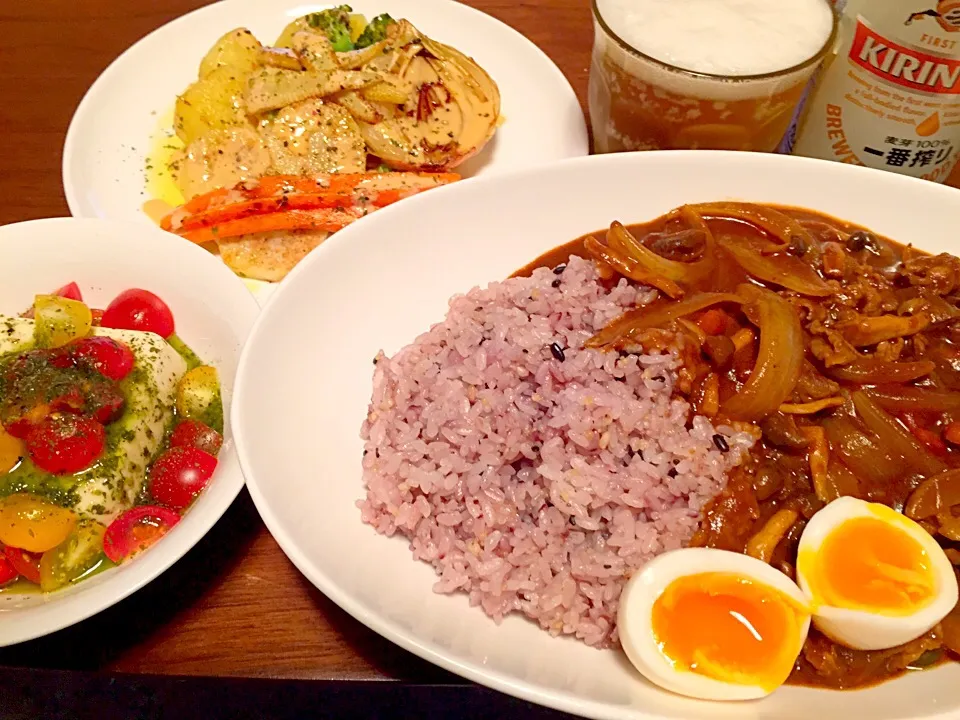 ビーフカレー＊トマトとバジルソース豆腐＊焼き野菜バーニャカウダソース(^o^)|basilさん