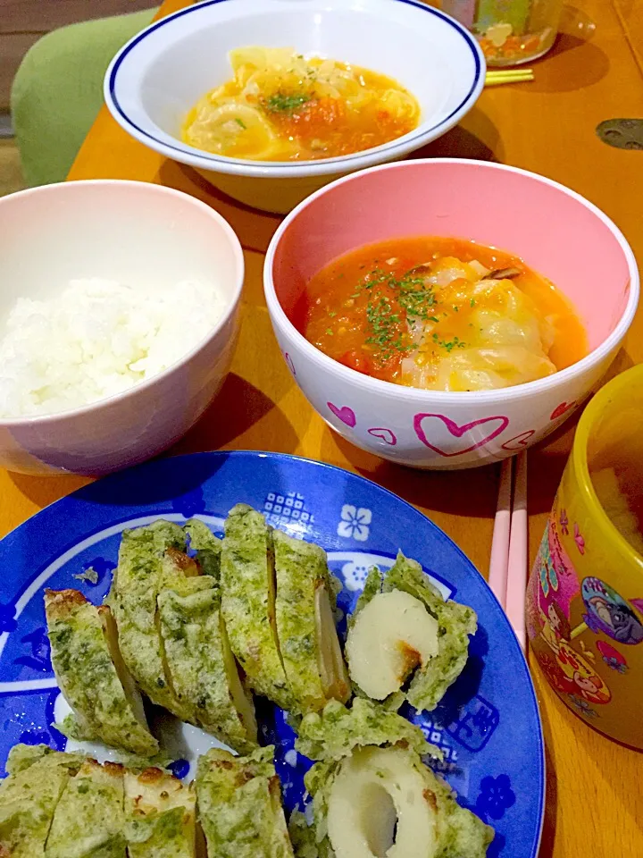 竹輪の磯辺揚げ、水餃子のキノコトマト煮イタリアン風、ほうじ茶|ch＊K*∀o(^^*)♪さん