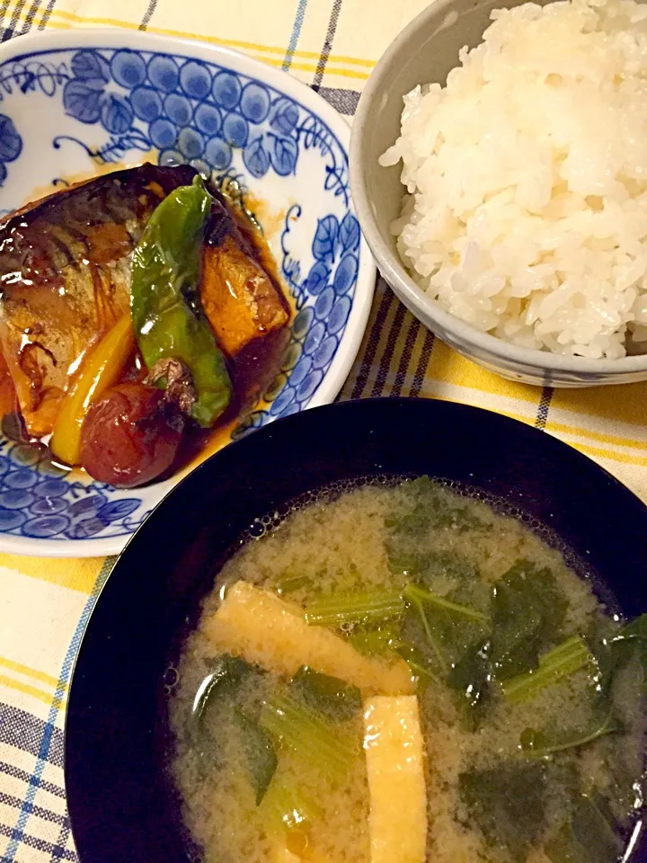 梅干しでサバの味噌煮とご飯と小松菜と揚げのお味噌汁|satoko❤︎さん