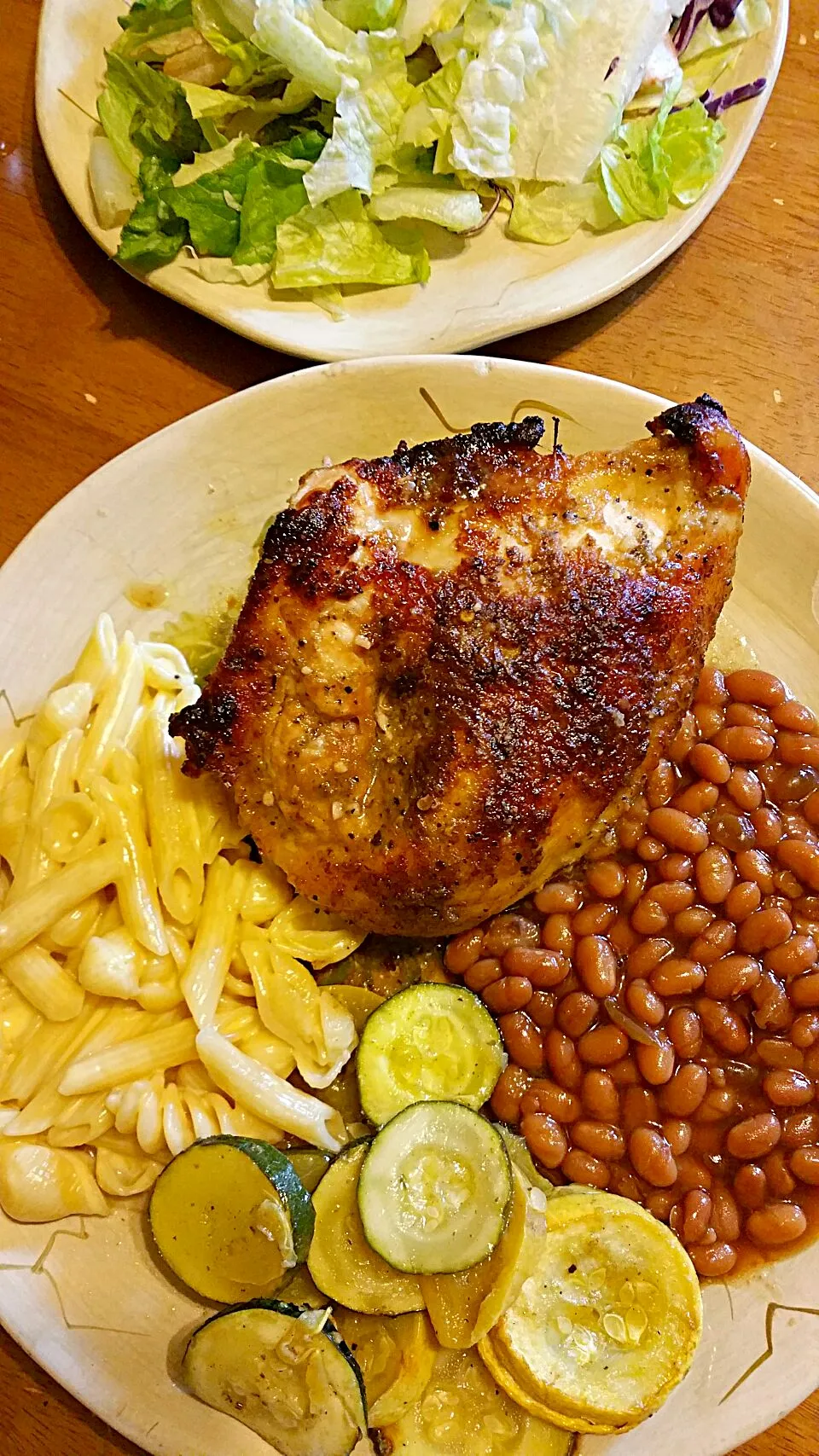 oven baked split chicken breast...homemade mac n cheese...zucchini. ..baked beans|mさん