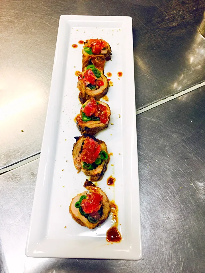 Marinated grill Roll Pork and Beans with tomato salsa garnish|Jefferson M. Macalindongさん