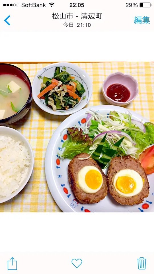 今夜のごはん♡スコッチエッグ・高菜の炒め煮・味噌汁(*^^*)|ばろんさん