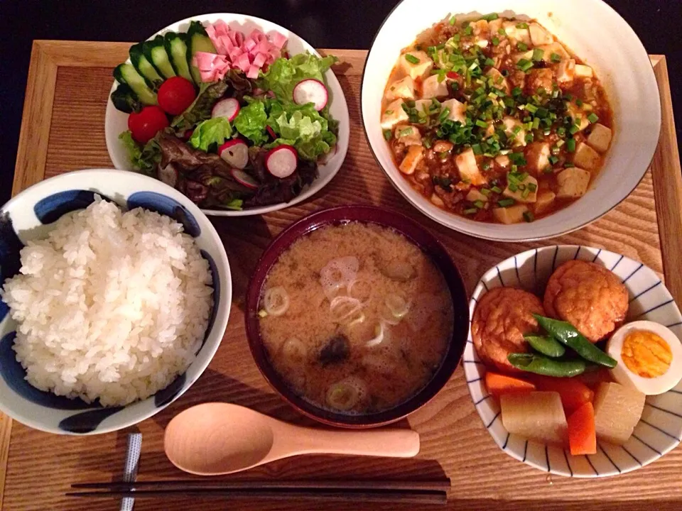 麻婆豆腐、魚河岸揚げの煮物、茄子のお味噌汁|ayumiさん