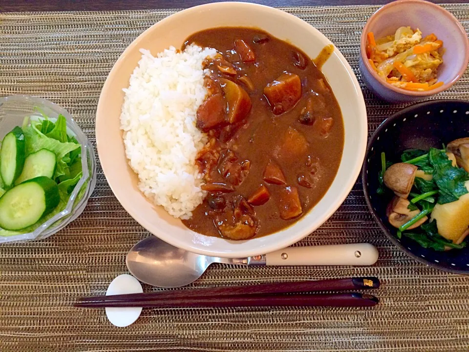 カレー   グリーンサラダ   にんじんのシリシリ   長芋とマッシュルームほうれん草のバター醤油炒め|NAKATAさん