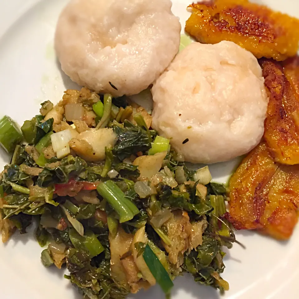 Salt fish callaloo boiled dumplings and plantain|T.E.Dennisさん