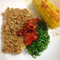 Nut & parmesan crusted fish, collard greens, roasted tomatoes and corn|marcelabruggerさん