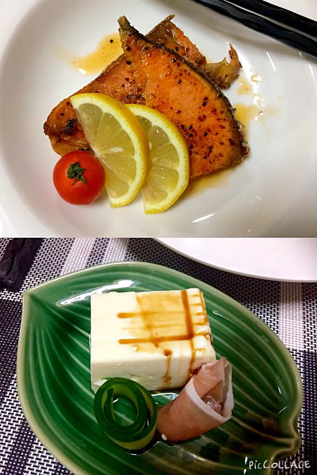 Lemon and herb salmon with side dish tofu and fresh ham with cucumber late dinner 😋 thanks god for the blessings and foods that we eaten everyday .have a good e|Babyluv Cabrera Ocampoさん