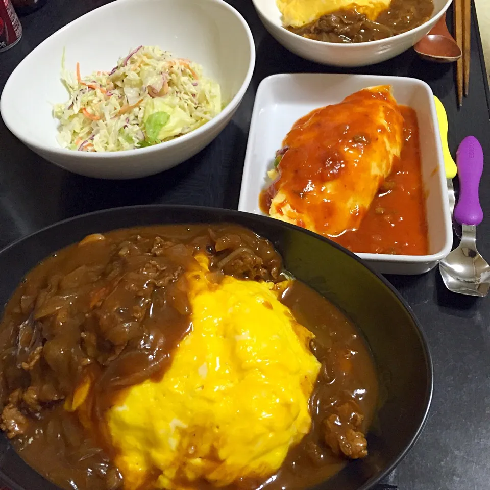 今日の晩ご飯は、オムハヤシライス、コールスローサラダ。|ゆえさん