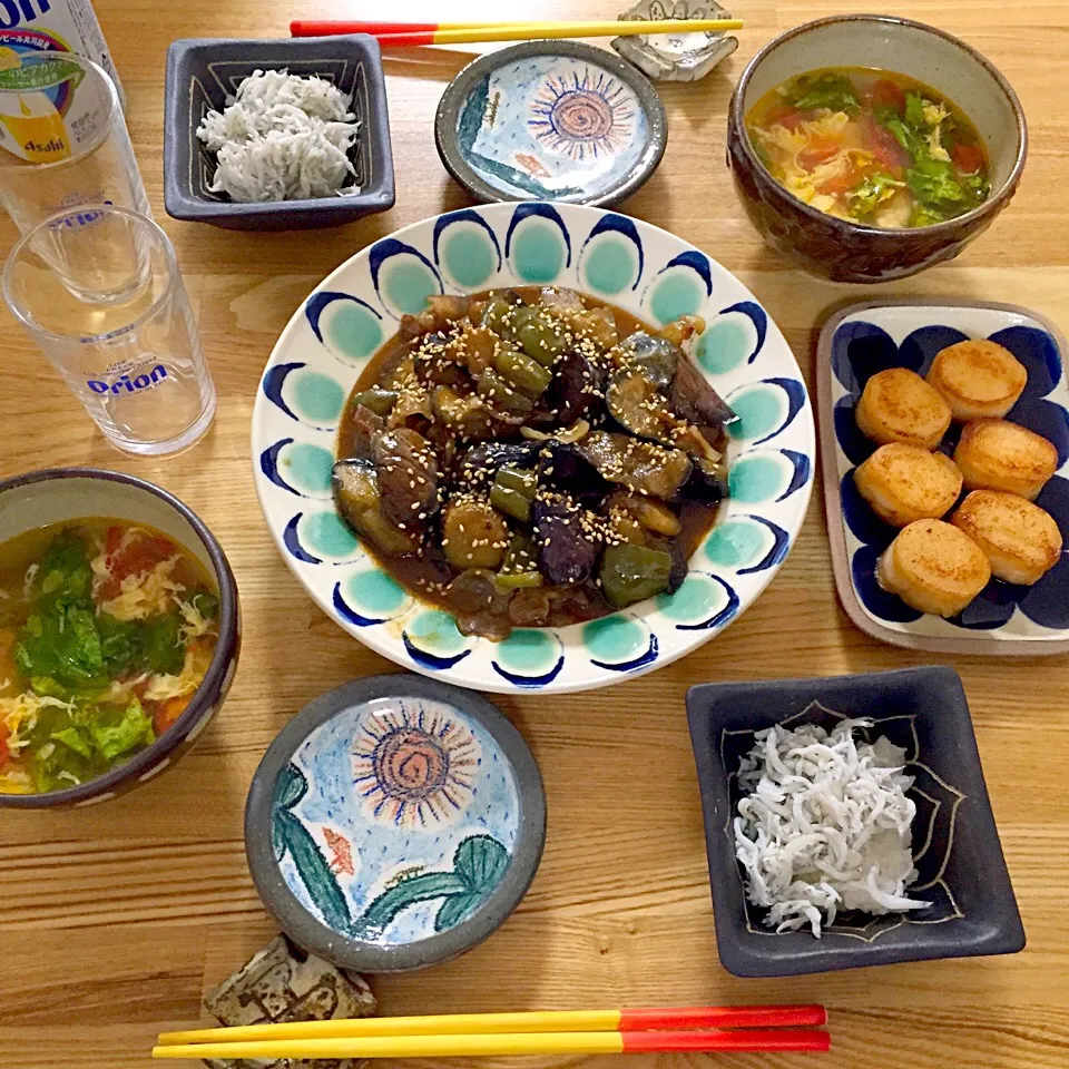 茄子のしぎ焼き 、🍅と卵とレタスのスープ  、ほぼホタテのソテー 、じゃこおろし|megさん