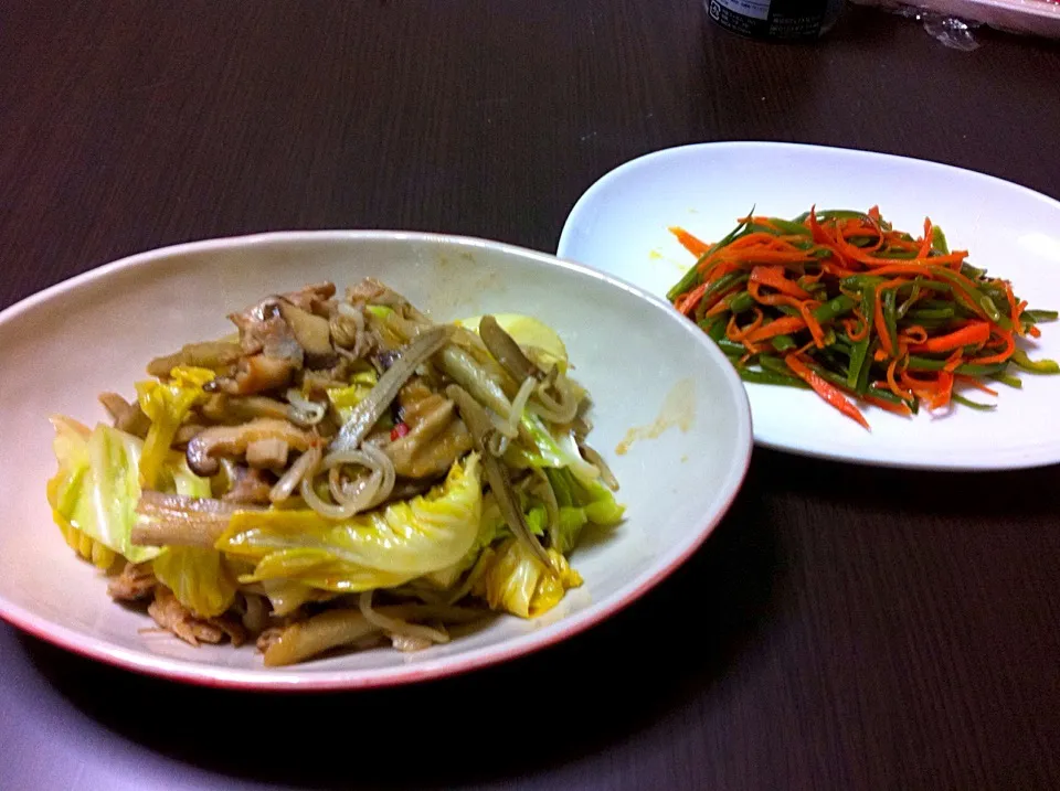 Snapdishの料理写真:鶏もも肉と野菜のピリ辛炒め・いんげんと人参の炒め物|mainoheさん